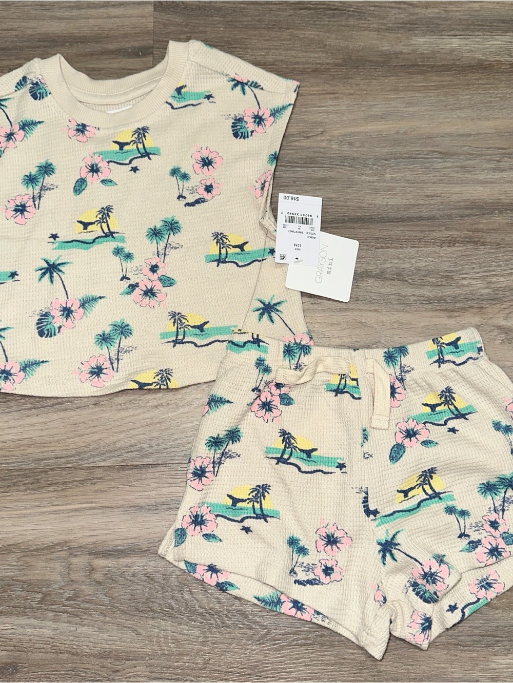 Grayson Mini Cream Tropical Floral Kids Waffle-Knit Pajama Set